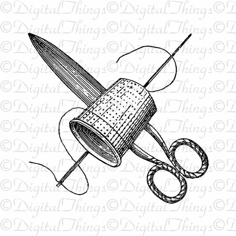 Sewing Supplies Scissors Thimble Needle Thread Wall Decor Art Printable Digital Download for Iron on Transfer Fabric Pillow Tea Towel DT1442 image 2