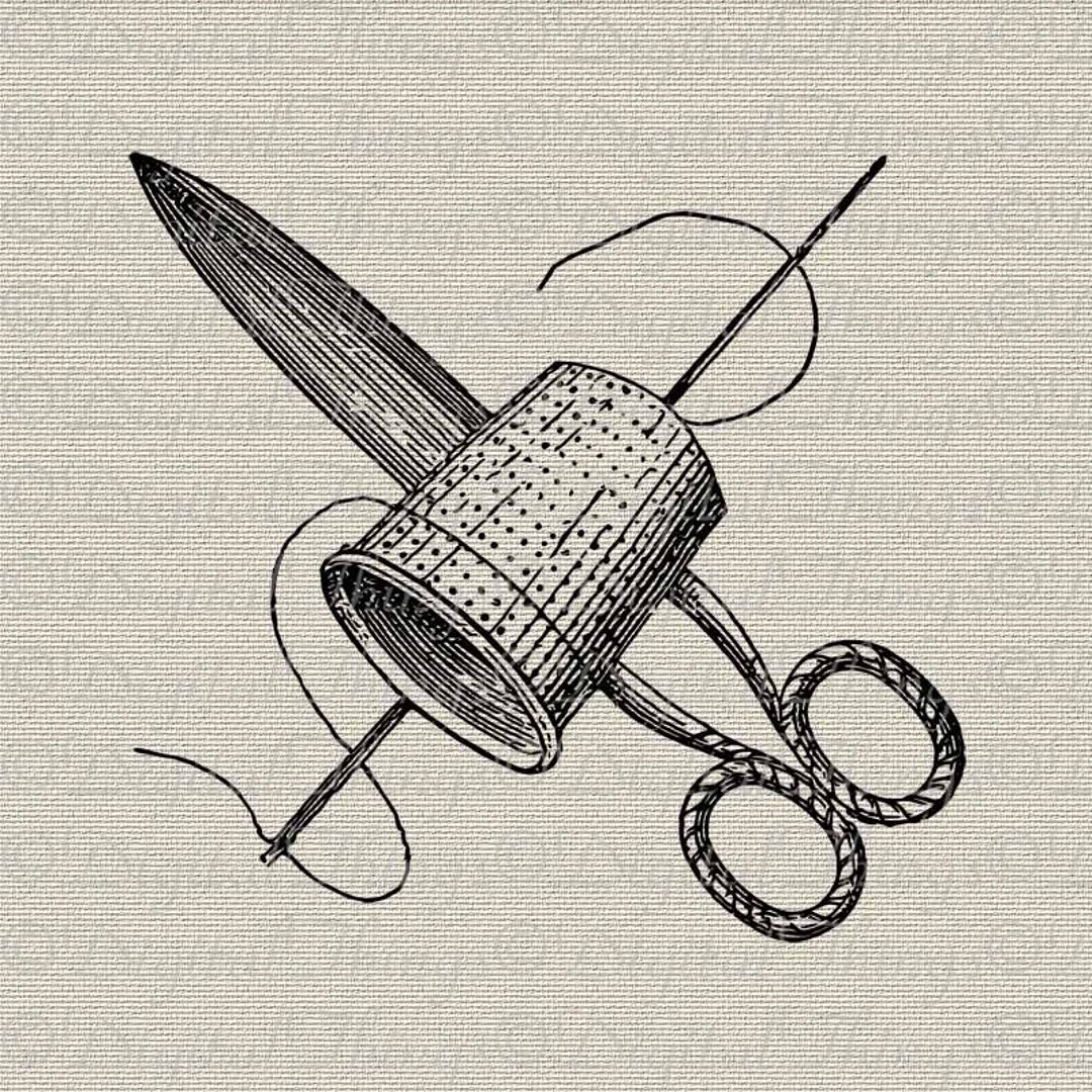 Sewing thread with needle, hand-drawn in sketch style. Cross