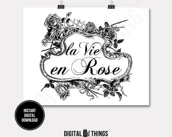 French Script Words La Vie En Rose Wall Decor Art Printable Digital Download for Iron on Transfer Fabric Pillows Tea Towels DT961