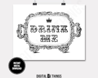 Alice In Wonderland DRINK ME Wedding Bridal Shower Birthday Tea Party Printable Digital Download for Iron on Transfer Pillow Tea Towel DT957