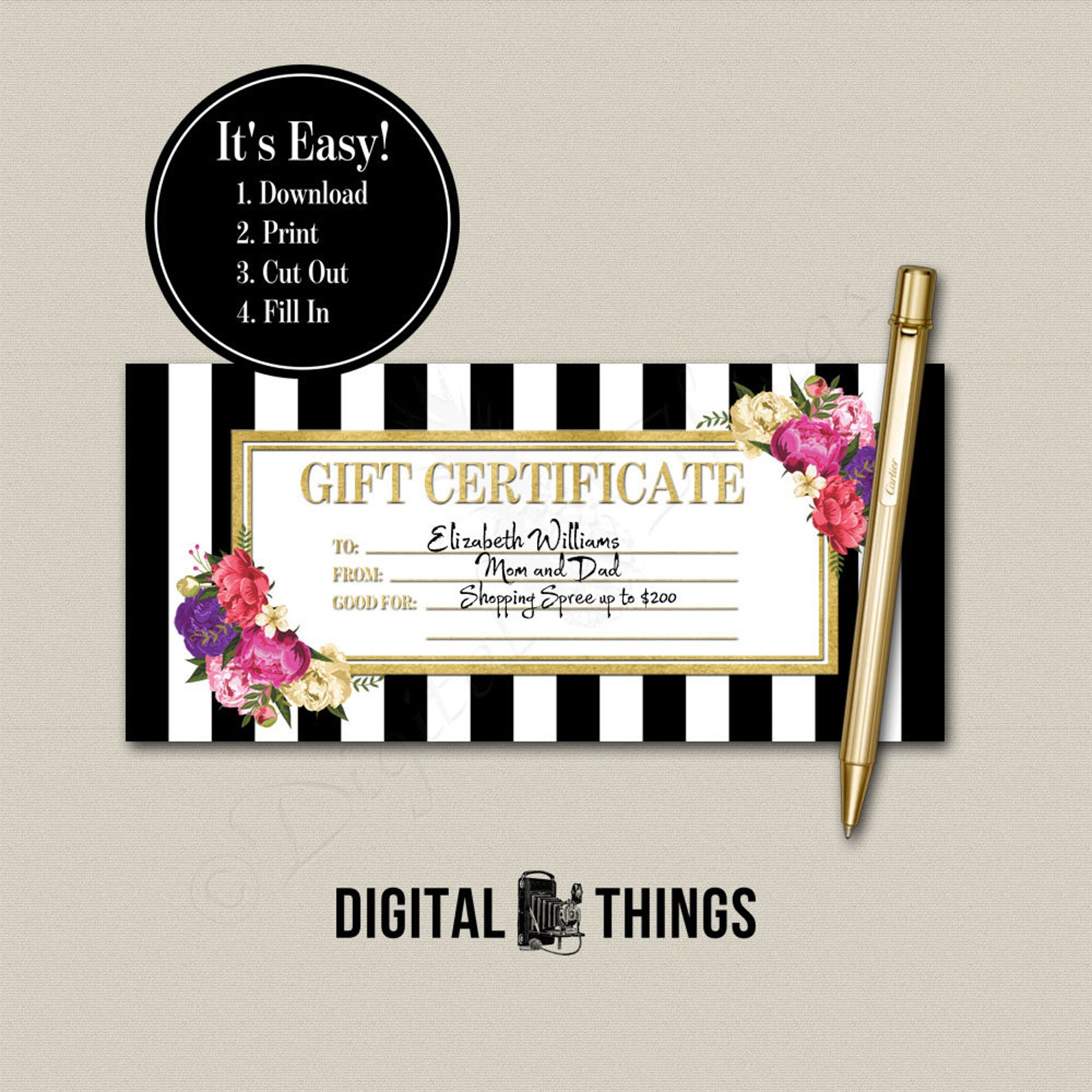 Faux Gold Foil Printable Gift Certificate Coupon Last Minute | Etsy