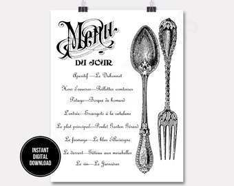 French Menu Wall Decor Sign Print Printable Digital Download for Iron on Transfer Fabric Pillows Tea Towels DT1237