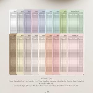 May include: A collection of reading log sheets in various pastel colors, including white, blue, lavender, and pink. Each sheet has a grid for recording book details. The bottom of the image shows the text "DIGITAL THINGS".