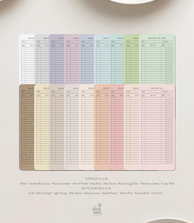 May include: A collection of reading log sheets in various pastel colors, including white, blue, lavender, and pink. Each sheet has a grid for recording book details. The bottom of the image shows the text "DIGITAL THINGS".