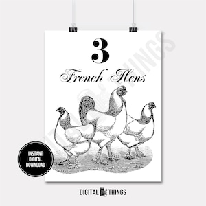 12 Zwölf Tage von Weihnachten drei französische Hennen Huhn Hähne Printable Print Digital Sofort-Download für Kunst oder Aufbügeln Transfer DT1278