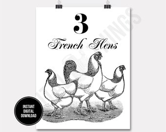 12 Twelve Days of Christmas Three French Hens Chicken Roosters Printable Print Digital Instant Download for Art or Iron On Transfer DT1278