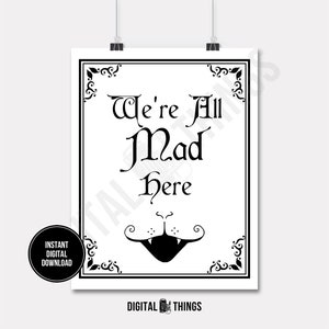 Alice In Wonderland We're All Mad Here Cheshire Cat Printable Print Digital Instant Download for Art or Iron On Transfer DT1077