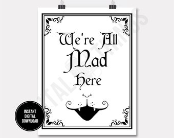 Alice In Wonderland We're All Mad Here Cheshire Cat Printable Print Digital Instant Download for Art or Iron On Transfer DT1077