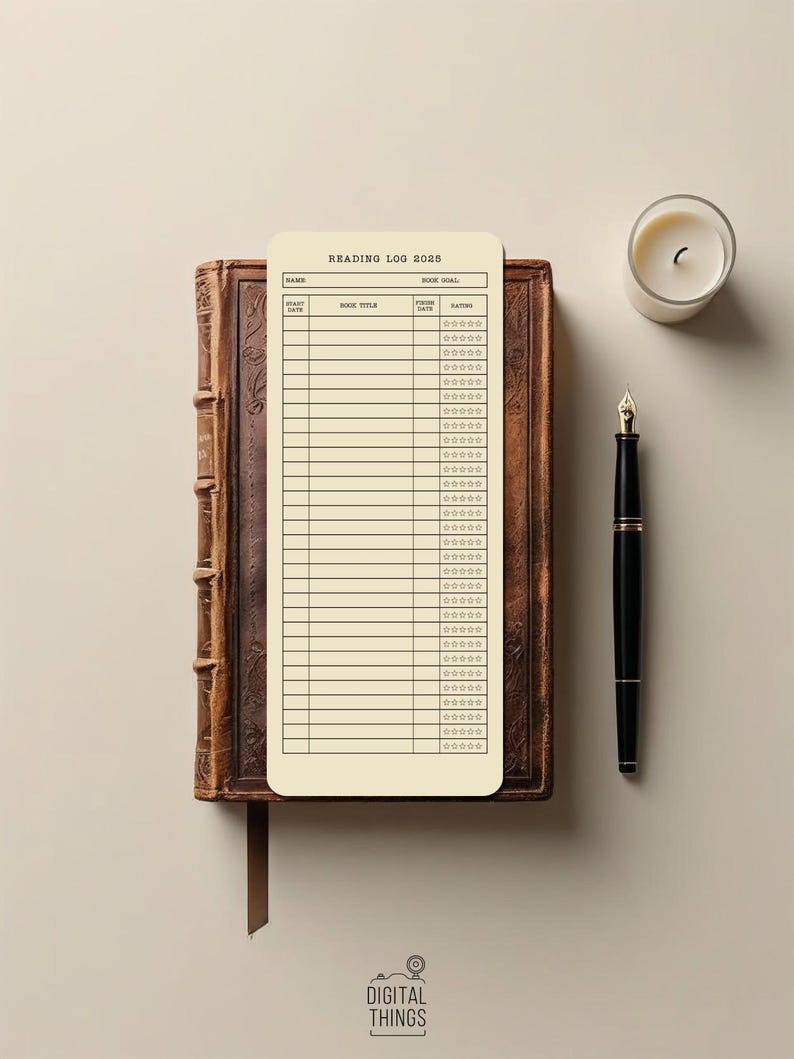 May include: A reading log for 2025 rests on a vintage book. The cream-colored log features columns for book title, start and finish dates, and a rating system. A lit candle and a black fountain pen complete the scene.