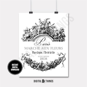 Script do mercado de flores francês de Paris para impressão, impressão digital, download instantâneo para arte ou transferência com ferro DT1086