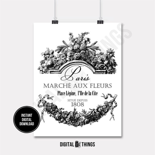 French Paris Flower Market Script Printable Print Digital Instant Download for Art or Iron On Transfer  DT1086