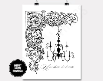 French Chandelier and Birds French Script Wall Decor Art Printable Digital Download for Iron on Transfer Fabric Pillows Tea Towels DT691