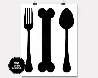 Dog Art Pet Art Dog Bone Fork And Spoon Wall Decor Printable Digital Download for Iron on Transfer Tea Towel Tote Pillow DT1630