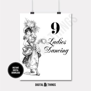 12 Twelve Days of Christmas Nine Ladies Dancing Printable Print Digital Instant Download for Art or Iron On Transfer DT1284