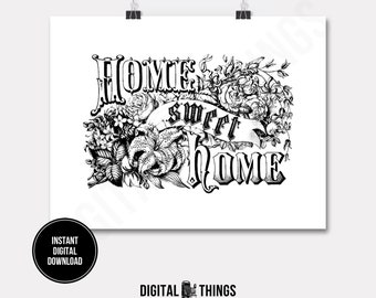 Home Sweet Home Word Art Vintage Wall Decor Art Typography Printable Digital Download for Iron on Transfer to Fabric Pillows DT024
