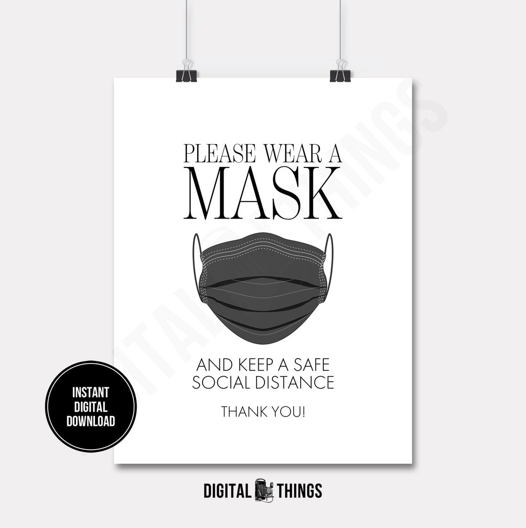 Printable Wear A Mask Sign. Social Distancing Sign. Face Mask Etsy