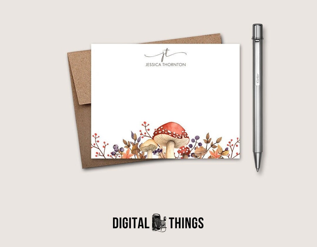 Personalized Stationery Cards, Flat Note Card Set, Custom Mushroom Stationery Notecard Set