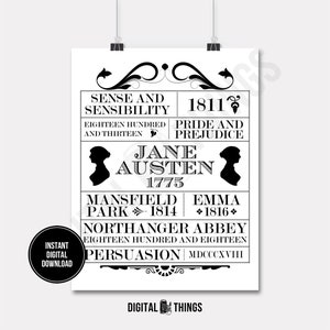 Jane Austen Books Pride and Prejudice Wall Decor Printable Print Digital Instant Download for Art or Iron On Transfer DT1518