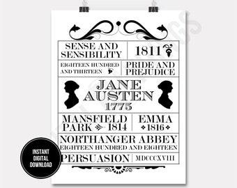 Jane Austen Books Pride and Prejudice Wall Decor Printable Print Digital Instant Download for Art or Iron On Transfer DT1518