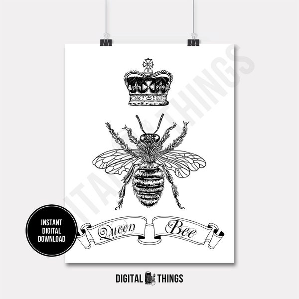 Queen Bee Crown Script Digital Download for Iron on Transfer Fabric Pillows Tea Towels DT908