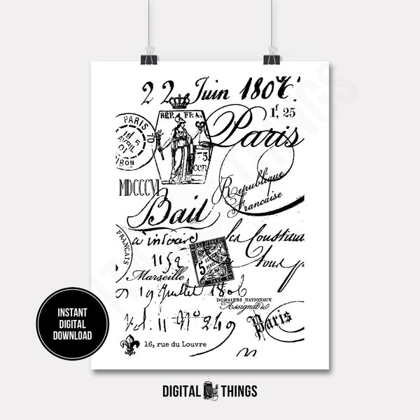 French Paris Script Postage Calligraphy Letter Digital Download Digital Collage Sheet for Iron on Transfer Fabric Pillows Tea Towel DT1024