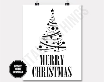 Merry Christmas Tree Typography Holiday Decor Wall Decor Art Printable Digital Download for Iron on Transfer Fabric Pillow Tea Towel DT1247