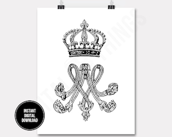 French Crown Marie Antoinette Monogram Initials French Decor Printable Digital Download for Iron on Transfer Fabric Pillows Tea Towels DT186