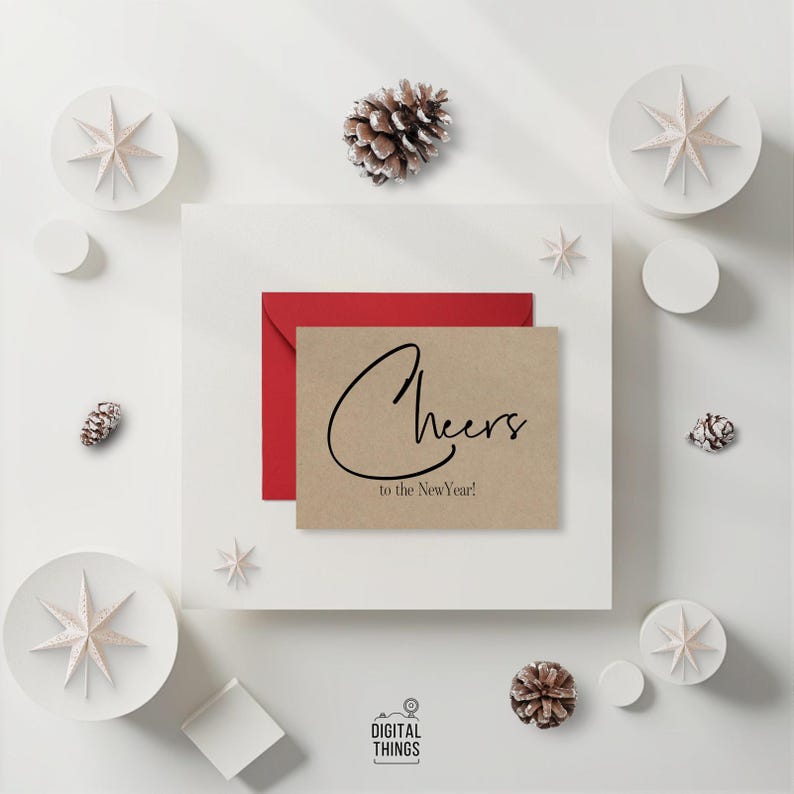 Minimalist Rustic New Year Card Set. Cheers To The New Year Card. Modern New Year Card. Kraft Colored New Year Card. DT2045KFT image 1