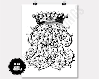 French Crown French Monogram French Decor Wall Decor Art Printable Digital Download for Iron on Transfer Fabric Pillows Tea Towels DT1041