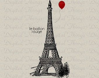 Eiffel Tower French Red Balloon Print Printable Digital Download for Iron on Transfer Fabric Pillows Tea Towels DT1219