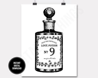 Love Potion No 9 Perfume Bottle Skull Crossbones Wall Decor Printable Digital Download for Iron on Transfer Fabric Pillows Tea Towels DT739