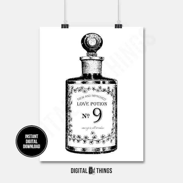 Love Potion No 9 Perfume Bottle Skull Crossbones Wall Decor Printable Digital Download for Iron on Transfer Fabric Pillows Tea Towels DT739