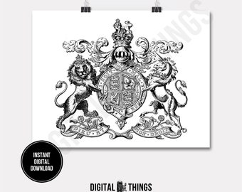 English Lion Unicorn Stag Crown British Crest Wall Decor Art Printable Digital Download for Iron on Transfer Fabric Pillows DT205