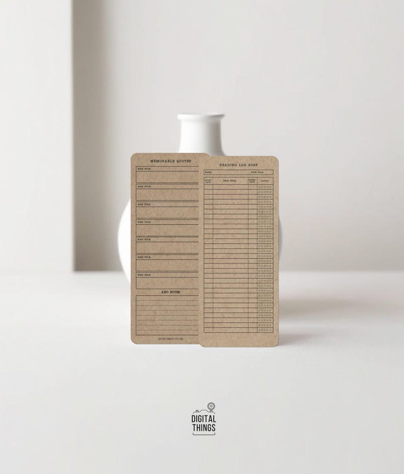 May include: Two brown paper reading log cards with the text "Memorable Quotes" and "Reading Log 2023". The cards have lined sections for notes and book details. The cards are in front of a white vase.