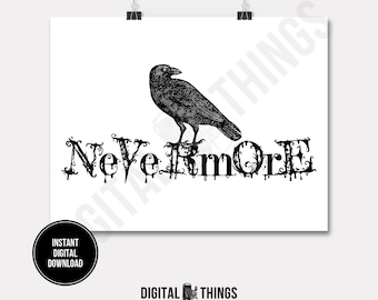 Halloween Gothic Grunge Edgar Allan Poe The Raven Bird Nevermore Impressão digital para impressão Download instantâneo digital para arte ou transferência de ferro DT922