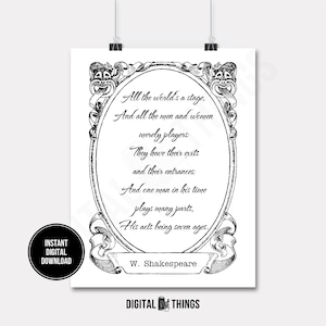 Máscaras de teatro con citas de William Shakespeare, decoración de pared, arte imprimible, descarga digital para transferencia por plancha, almohadas de tela, paños de cocina DT1201