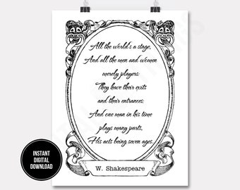 William Shakespeare Quote Theater Masks Wall Decor Art Printable Digital Download for Iron on Transfer Fabric Pillows Tea Towels DT1201