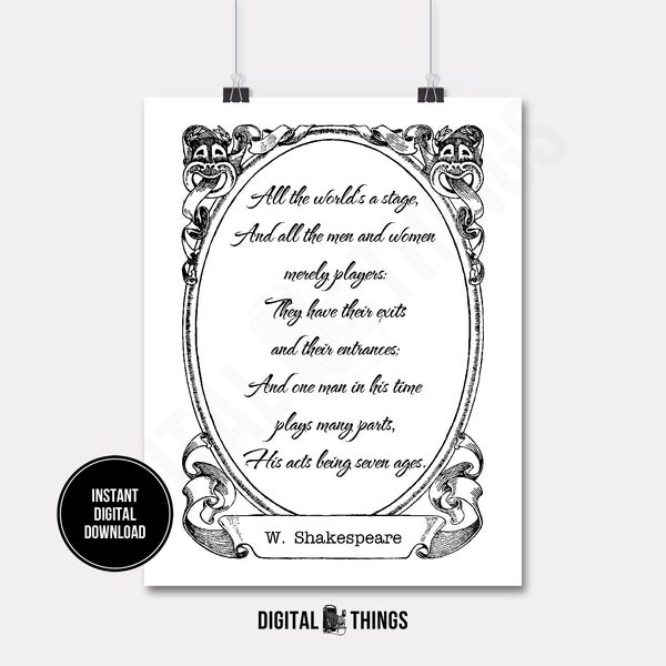 William Shakespeare Quote Theater Masks Wall Decor Art Printable Digital Download for Iron on Transfer Fabric Pillows Tea Towels DT1201