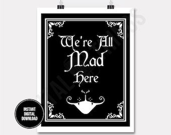 Alice In Wonderland We're All Mad Here Cheshire Cat Printable Print Digital Instant Download for Art or Iron On Transfer DT1076