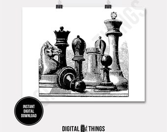 Chess King Queen Knight Bishop Pieces Game Board Game Vintage Printable Print Digital Instant Download for Art or Iron On Transfer DT559