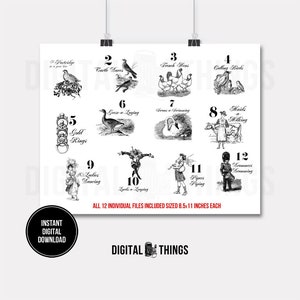 Zwölf Tage Weihnachten Urlaub druckbare Dateien Set digitaler Sofort-Download für Kunst Transfer Tote Kissen Geschirrtücher DT1572