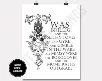 Alice In Wonderland Jabberwocky Poem Word Art Typography Printable Print Digital Instant Download for Art or Iron On Transfer DT1067