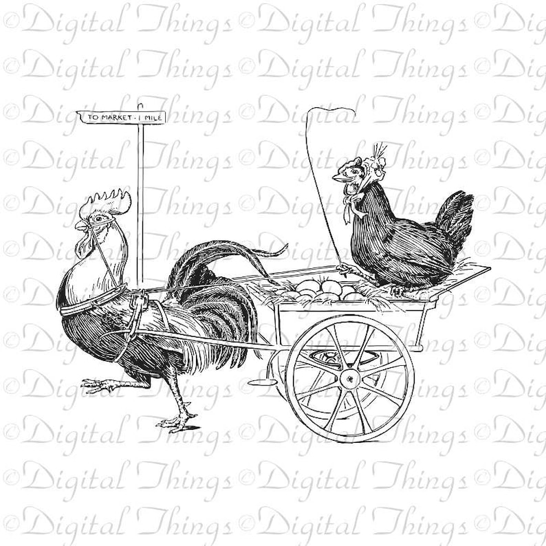 Chicken Rooster Eggs To Market Kitchen Decor Art Wall Decor Art Digital Download for Iron on Transfer to Tea Towel Fabric Pillows DT1426