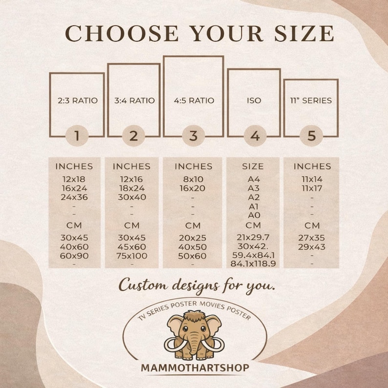 May include: A poster size guide with options for 2:3, 3:4, 4:5 ratio, ISO, and 11" series. Includes inch and centimeter measurements for various sizes, such as 12x18 inches (30x45 cm) and 24x36 inches (60x90 cm). Features the text "Choose Your Size" and a logo.