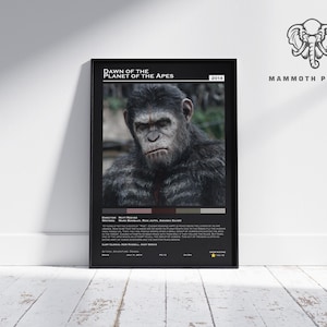 May include: Black framed movie poster for "Dawn of the Planet of the Apes" (2014). The poster features a close-up of a chimpanzee's face. The poster is leaning against a white wall and a wooden floor.