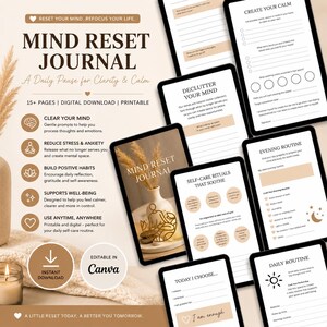 May include: A digital Mind Reset Journal with prompts for clarity and calm. The journal includes pages for clearing your mind, reducing stress, building positive habits, and supporting well-being. It is printable and editable in Canva.