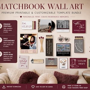 Mall för väggkonst med foto i Matchbook: Anpassningsbart collage (digital nedladdning) Vintageinspirerad