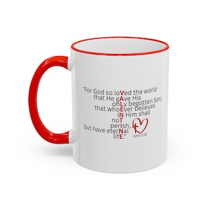 John 3:16 Bible verse ceramic coffee mug, Faith based kitchen, Scripture, Heart & Cross, Red or Black Handle, household items , Tea cup