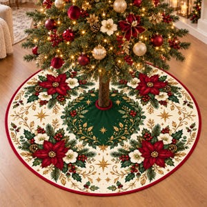 May include: A round Christmas tree skirt featuring a cream-colored base with a dark green center. The design includes red poinsettias, white flowers, green pine branches, red berries, and gold star accents, finished with a red border trim.