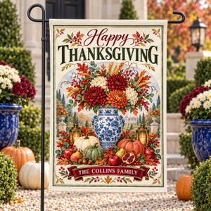 Personalized Thanksgiving Garden Flag, Fall Turkey Welcome Flag, Chinoiserie Pumpkin Decor Pumpkin Autumn Outdoor Flag, Thanksgiving Gift